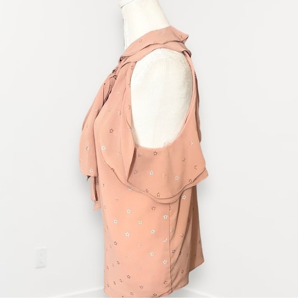 NWT Entro Size S Blouse Sleeveless Beige-Pink Silver Stars Flowy Ruffles - Picture 6 of 11